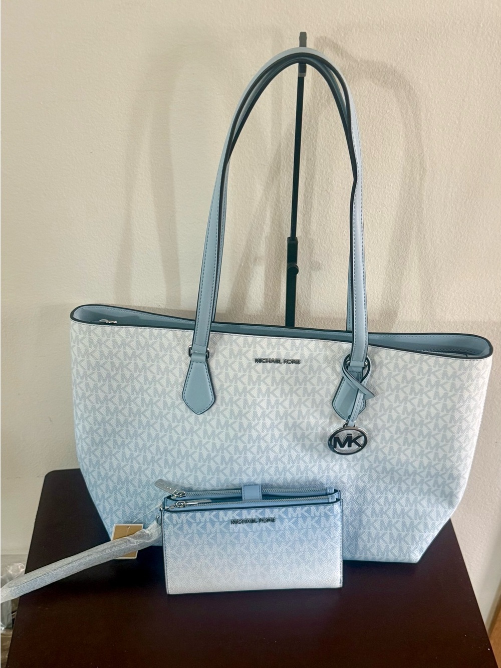 Michael Kors White and Light Blue Monogram Ombre Tote